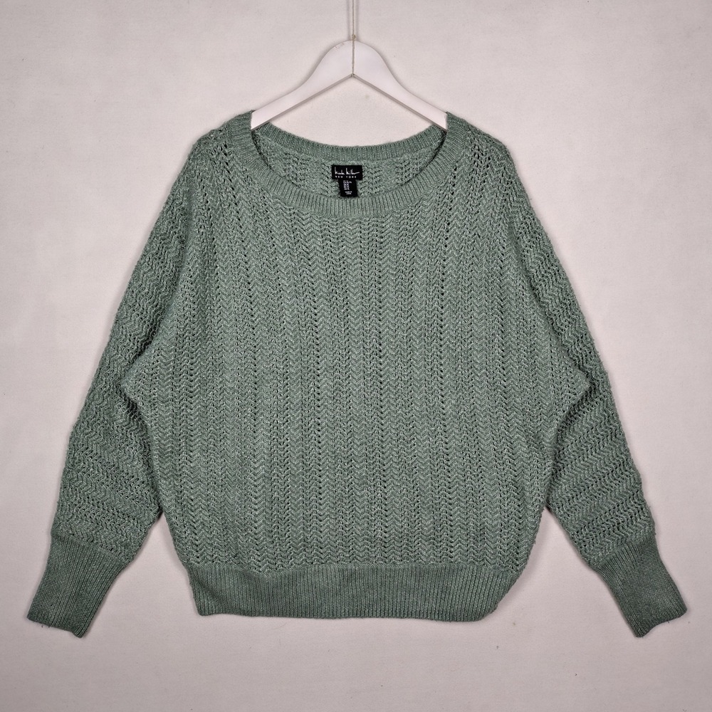 Nicole Miller New York Sage Green Chevron Open Knit Sweater XL Slouchy Pullover